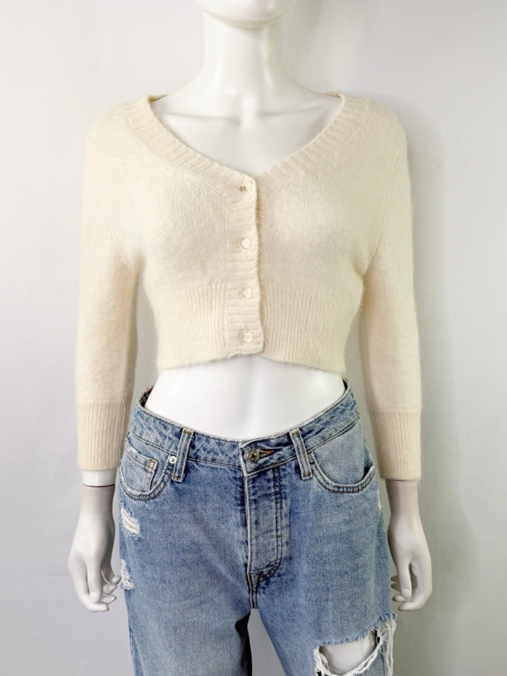 Snidel Ivory Soft Knit Cropped Cardigan Sweater Size S Casual Coquette Angora